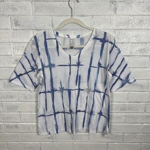 Whimsy Rose Tri Blend Jersey V-Neck T-Shirt Womens Size M White Blue Abstract